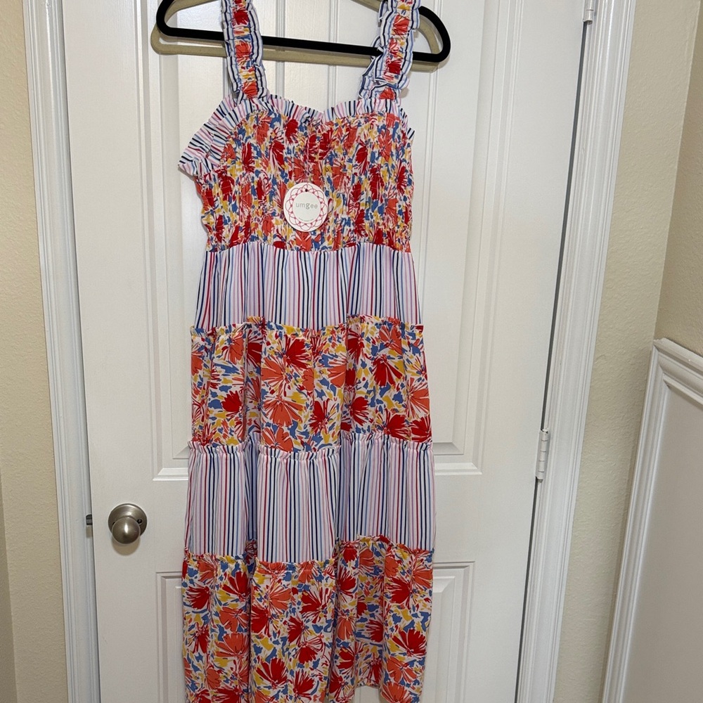Umgee Red Blue Yellow Floral & Stripe Smocked Maxi Dress